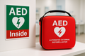 show an AED with a sign reading 
