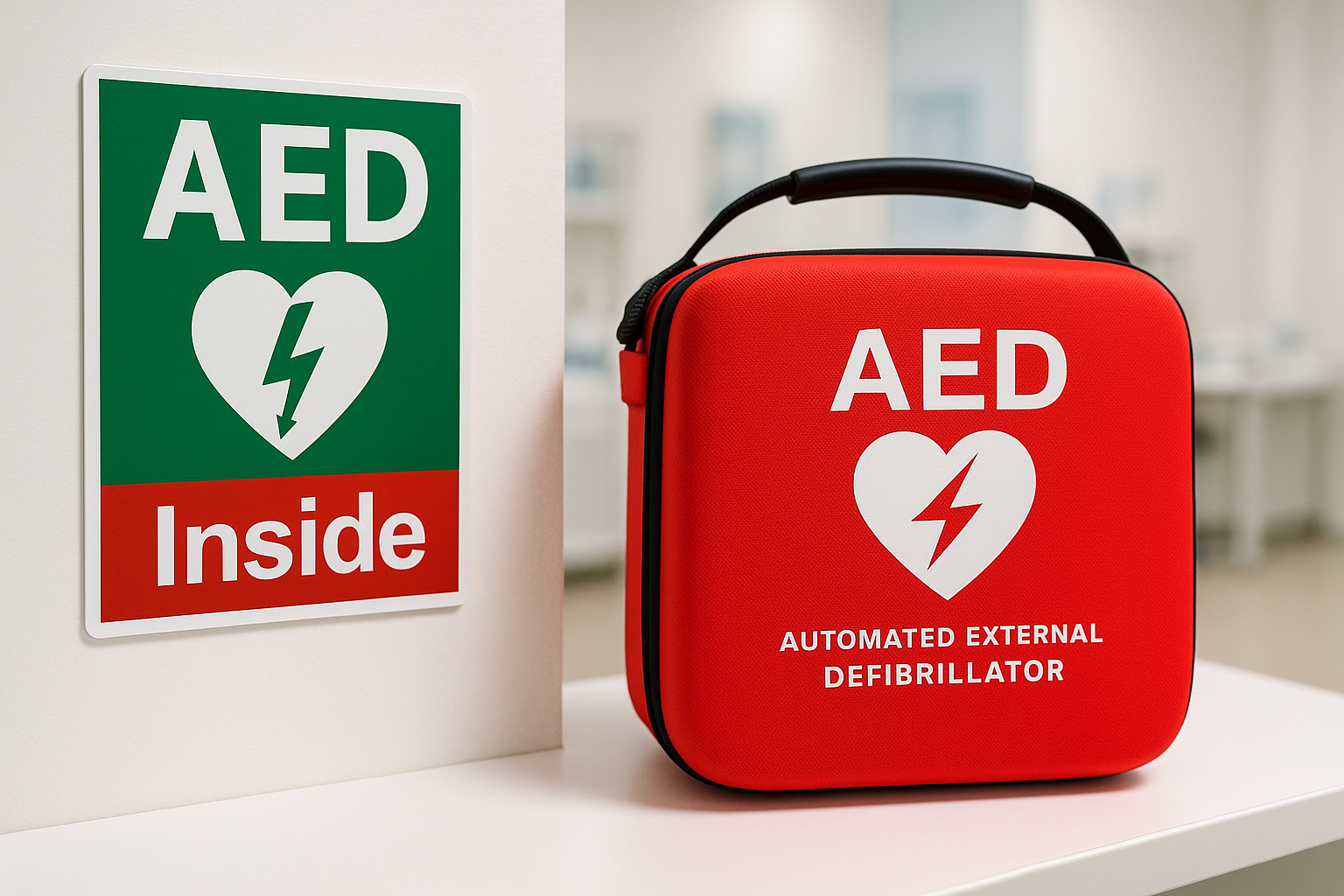 show an AED with a sign reading "AED Inside"